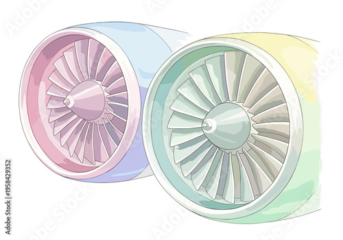 Close-up illustration of two colorful jet engines with visible fan blades