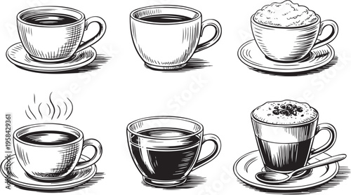 An elegant collection of black and white illustrations featuring various steaming coffee cups and mugs