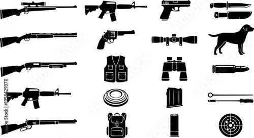 Hunting and shooting sports equipment icon set featuring simple black silhouettes of various rifles and firearms – Black and White Vector Illustration