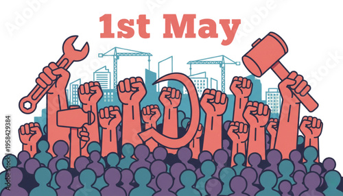 Labor Day Celebration Workers Unite Fist Raised Hammer Wrench Protest Rally Crowd Industry Power