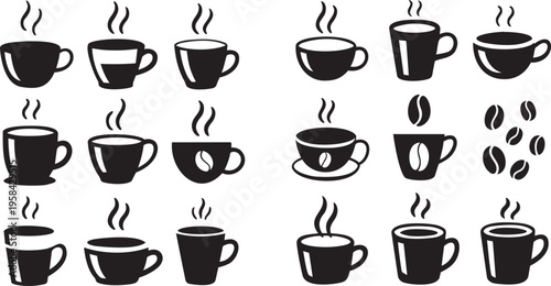 An extensive grid displaying eighteen distinct black and white steaming coffee cup icons and scattered beans