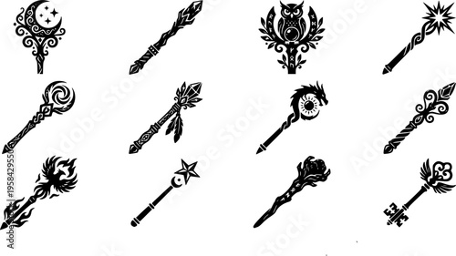 Collection of Ornate Magic Wands and Staffs in Black and White – Black Vector Illustration