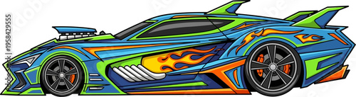 Custom racing supercar with flame livery and aerodynamic body