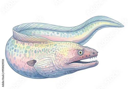 Illustration of a moray eel with pastel-colored spots and sharp teeth