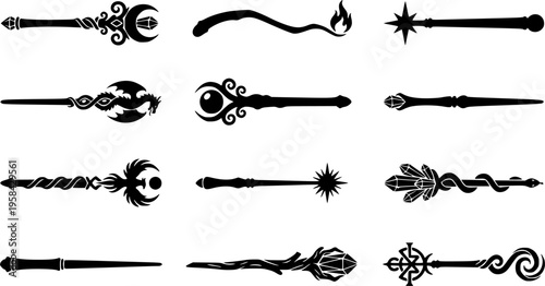 Collection of Ornate Magic Wands and Staffs in Black and White – Black Vector Illustration