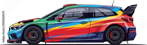Custom rally hatchback featuring multi-colored stripe design
