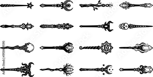 Collection of Ornate Magic Wands and Staffs in Black and White – Black Vector Illustration