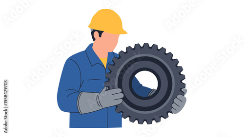 Mechanic and Gear: A skilled mechanic, equipped with protective gear, carefully handles a large gear, embodying precision and expertise in the realm of engineering.
