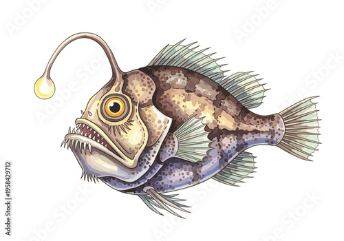 Illustration of a deep sea anglerfish with a bioluminescent lure