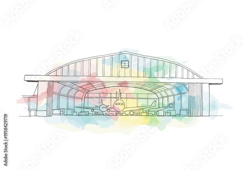 Airplane hangar with colorful watercolor splashes and two aircraft inside
