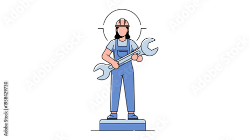 Empowered Mechanic with Wrench: An empowered mechanic, wearing a safety helmet and work overalls, stands confidently while holding a large wrench, symbolizing expertise, skill.