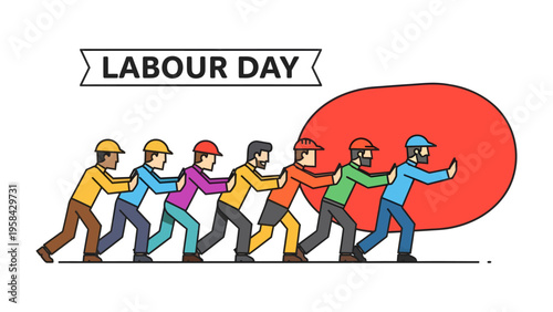 Labour Day Teamwork: A diverse group of laborers united in effort, their collective strength pushing a significant load forward, celebrating Labour Day, symbolizing collaboration and solidarity.