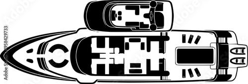 Modern naval architecture and yachting icon featuring a simple black silhouette of a luxury yacht deck plan in top view – Black and White Vector Illustration