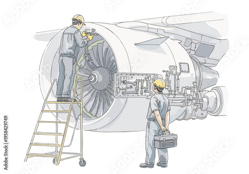 Aircraft mechanics performing engine maintenance with tools and ladder