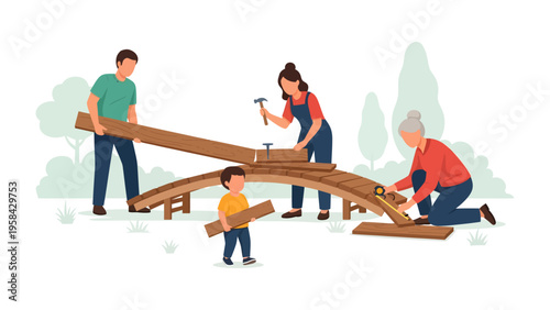 Family Crafting Memories: A multi-generational family works together, constructing a wooden project, embodying unity and shared activity. This image is perfect for illustrating teamwork, family bonds.