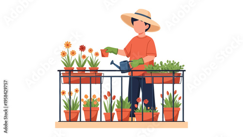 Balcony Garden Oasis: A person cultivates a vibrant assortment of potted flowers and greenery on a balcony, tending to the blossoming plants with care and passion.