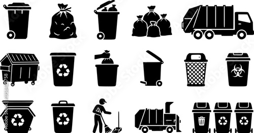 Sanitation and waste management icon set featuring simple black silhouettes of garbage bins and tied trash bags – Black and White Vector Illustration