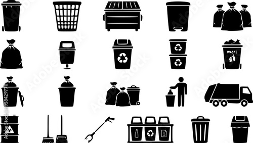 Sanitation and waste management icon set featuring simple black silhouettes of garbage bins and tied trash bags – Black and White Vector Illustration