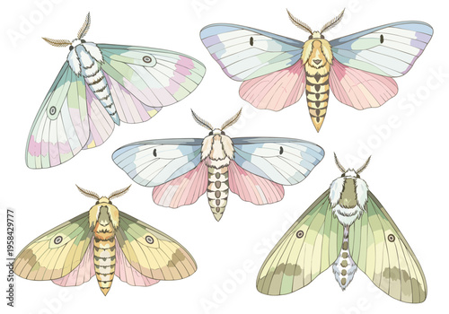 Collection of five colorful moths with intricate wing patterns and fuzzy bodies