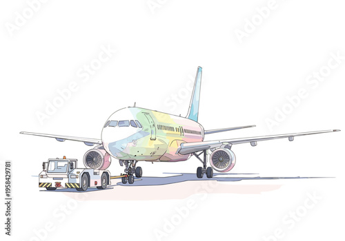 Airplane being pushed back from gate by a tug vehicle on airport tarmac