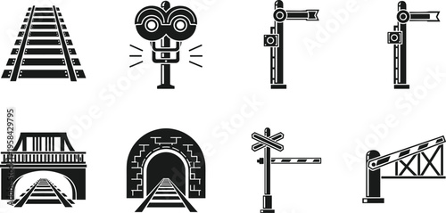 Railway tracks, signal icons, semaphore signals, railway bridge, tunnel entrance, crossing barrier, drawbridge, railway infrastructure, transportation safety, train system illustration