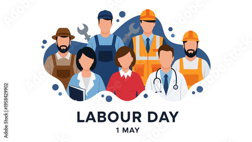 Labor Day Celebration: A diverse group of essential workers come together in a collaborative illustration. showing a symbol of respect for hardworking people.