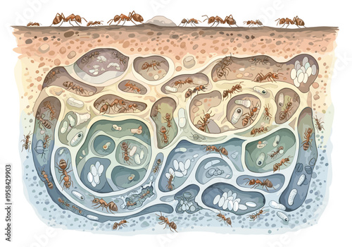 Cross-section illustration of an ant colony's underground nest structure with many ants
