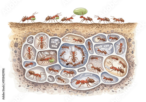 Detailed cross-section illustration of an ant colony's underground nest and its inhabitants