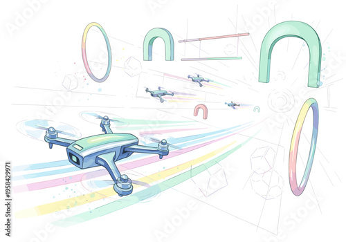 Multiple drones racing through colorful hoops and obstacles in a futuristic digital landscape
