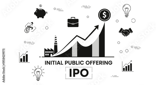 Initial Public Offering (IPO) Investment Concept, Business Growth Chart with Financial Icons