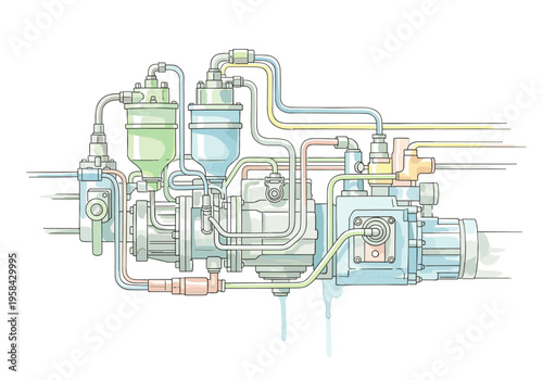 Complex industrial hydraulic system with multiple pipes and components