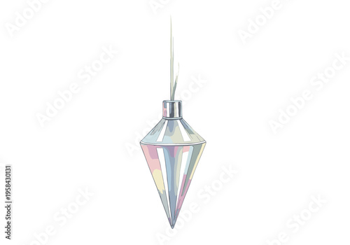 A plumb bob tool with a pointed tip hanging from a string against a white background