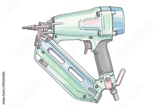 Illustration of a modern pneumatic nail gun with a light green and blue color scheme