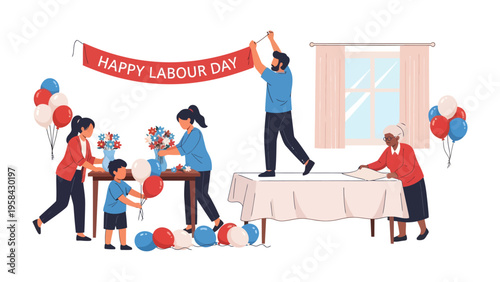 Labour Day Preparations: A family prepares a festive celebration, decorating the room with balloons and banners to commemorate Labor Day. A scene of togetherness and festivity.