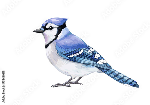 Detailed illustration of a blue jay bird with vibrant blue and white plumage