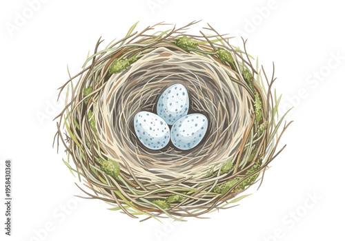 Three speckled bird eggs nestled safely in a natural twig and grass nest