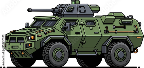 Green armored military vehicle with turret