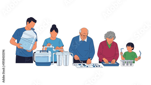 Family Water Preparation: A multigenerational family gathers together, each member taking a role in the process of water preparation, symbolizing the importance of clean, safe water.
