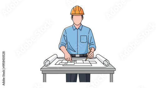 Architect at Work: An architect, immersed in his craft, meticulously reviews blueprints at his workstation, symbolizing precision, expertise, and the creation of structures.