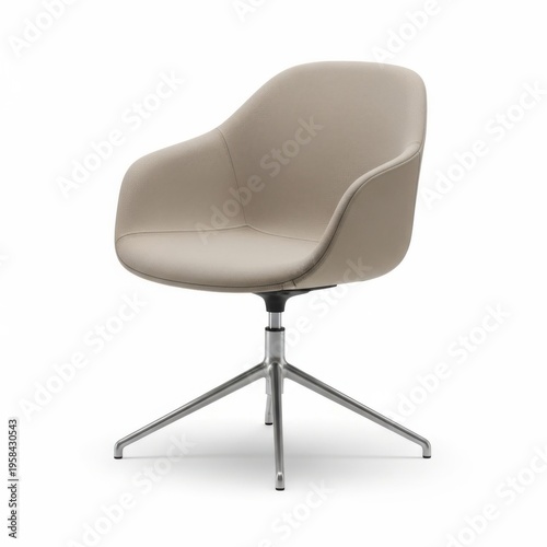 Modern beige fabric armchair with a sleek metal base and swivel mechanism.