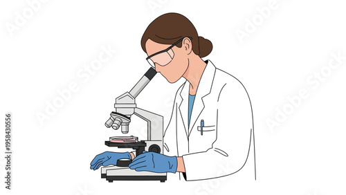 Scientific Microscope Observation: A dedicated scientist peers into a microscope, meticulously examining a sample with focused concentration in a cutting-edge laboratory environment.