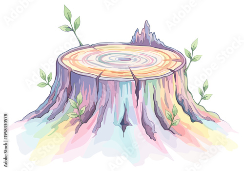 Colorful tree stump with new growth and rainbow watercolor base
