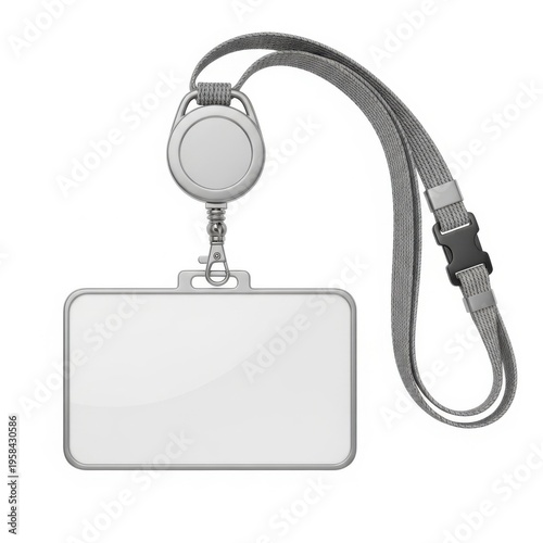 A lanyard with an attached blank identification card and circular badge reel