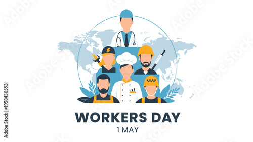 Celebration of Workers' Day: An illustration that honors the dedication of workers worldwide on May 1st. Emphasizing different professions