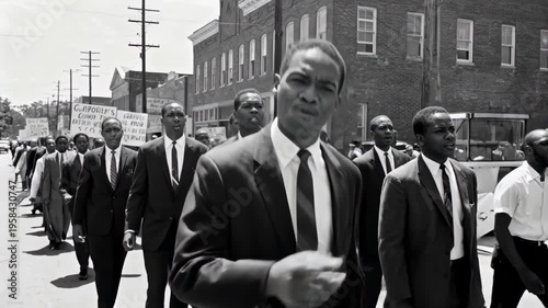 African american men marching in a civil rights protest. Black and white retro style footage of activists walking and singing on the street. Historical demonstration concept