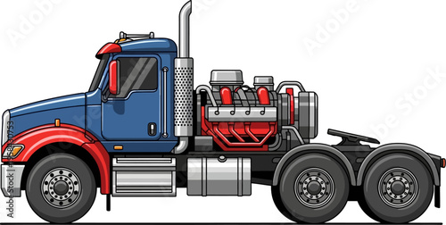 Heavy duty semi truck cab with exposed custom engine