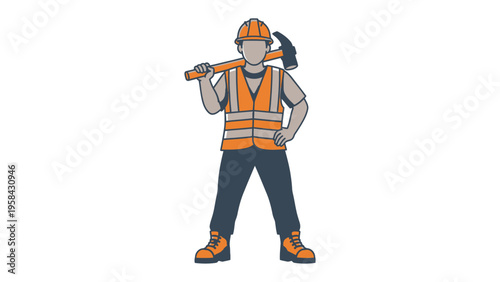 Builder with Hammer: A builder, clad in safety gear, confidently stands, hammer poised over the shoulder, ready for construction or demolition, embodying the skilled tradesman.