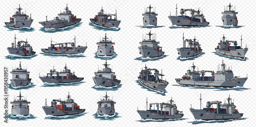 Collection of various patrol boats and military ships in different angles and views, isolated on transparent background.