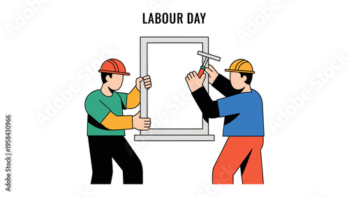 Labour Day Construction: Depicting Labor Day's spirit, the image features two workers collaborating on a construction task, symbolizing efforts and achievements.