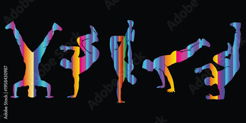  Dancer silhouettes performing acrobatic and breakdance poses with Modern neon gradient.